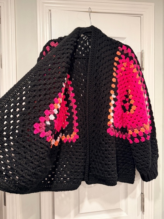 Handmade Crochet Granny Square One Size Cozy Cardigan Boho Chunky Knit Sweater - Picture 3 of 8